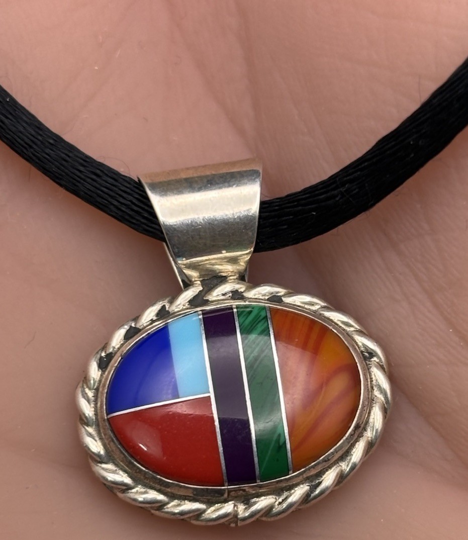 Vintage Sterling Silver AM Santa FE Pendant Necklace Southwestern Multi Stone 7g