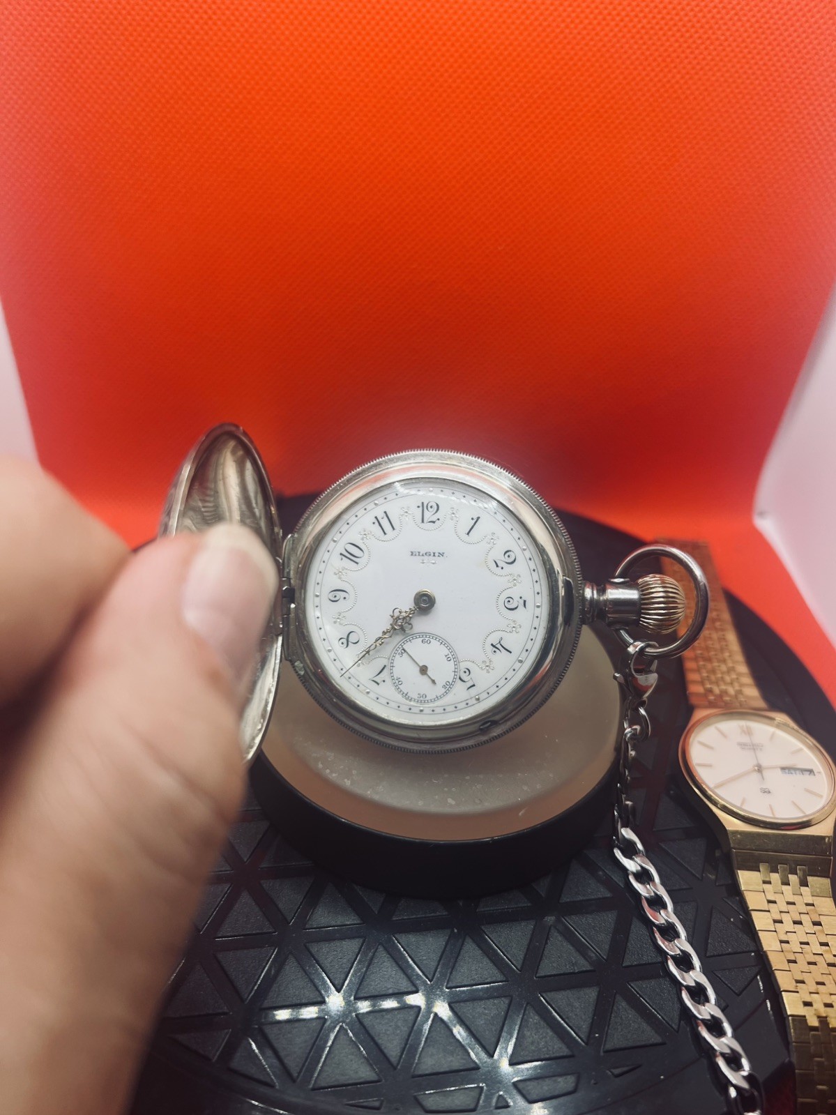 ANTIQUE ELGIN Sterling SILVER HUNTER POCKET WATCH + Stainless Steel Chain