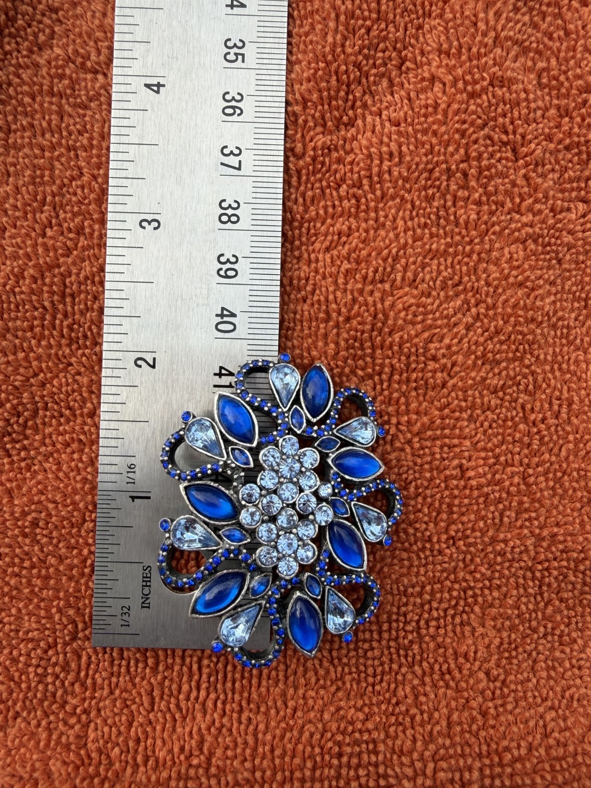 Beautiful Sparkling Silver Light/Dark Blue Teardrop and Round Rhinestone Brooch