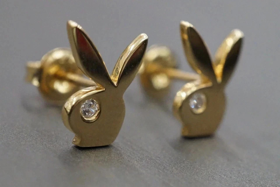14k Yellow Gold Plated Playboy Bunny Round Real Moissanite Stud Earrings