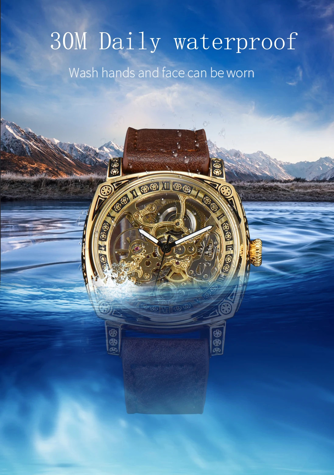 Automatic Retro Skeleton Mechanical Men’s Watch Waterproof Leather Unbranded