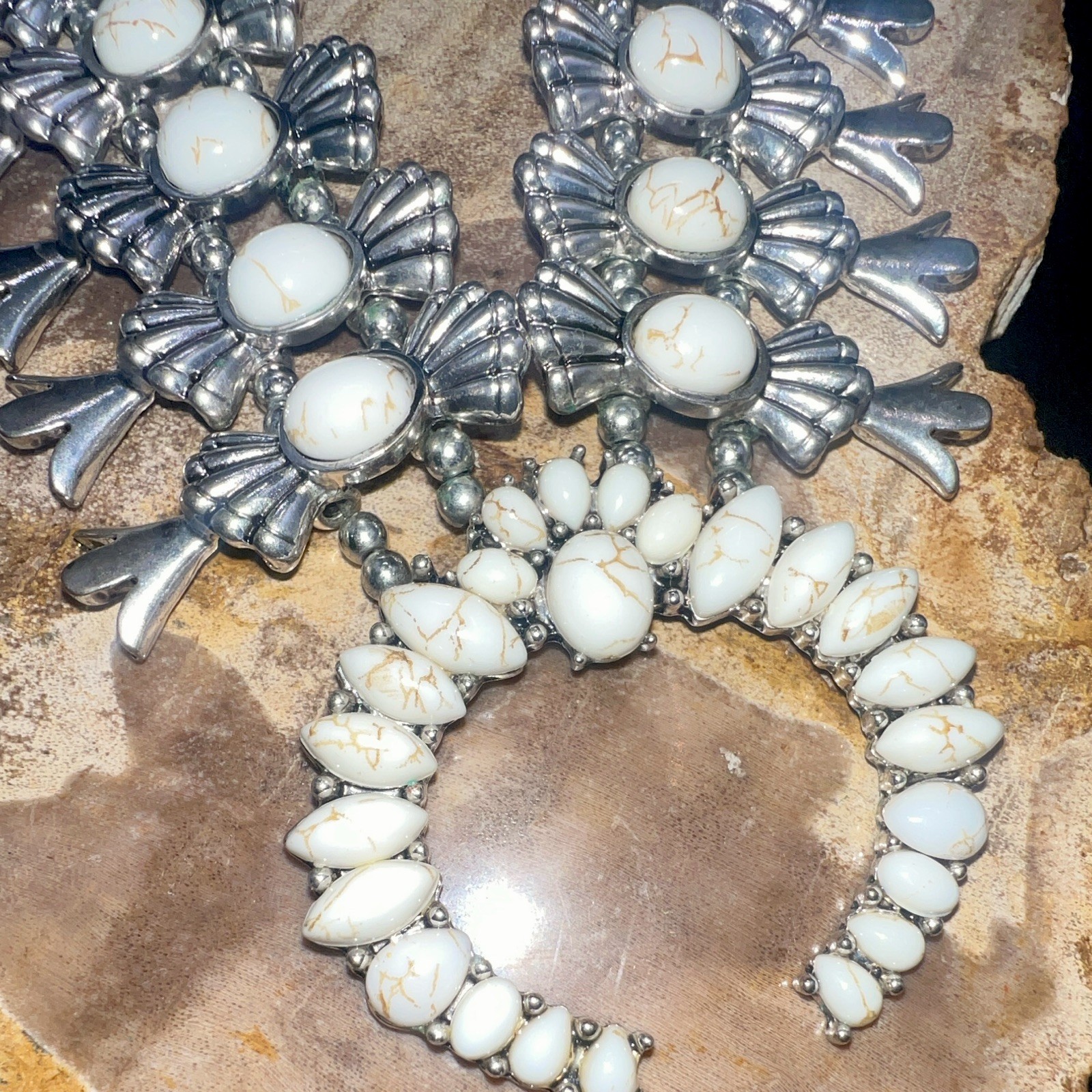 Silver Tone White Howlite Cabochon Statement Necklace, Crescent Charm Pendant