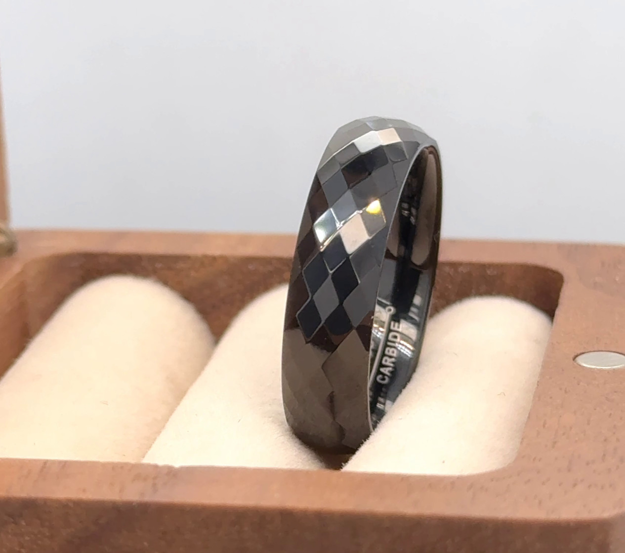 Black Tungsten Wedding Band – High Polish Faceted 6mm Ring for Her
