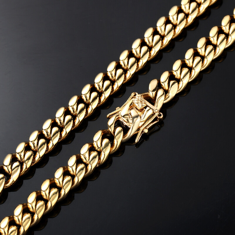 Men’s Solid Miami Cuban Link Bracelet Chain 14K 18K Gold Plated Stainless Steel