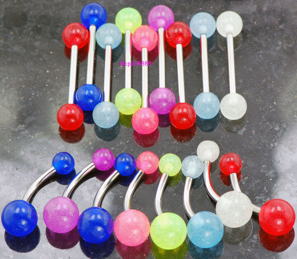 30 Pc Mix glow in the dark 6 colors navel ring & 7 colors tongue rings 14g