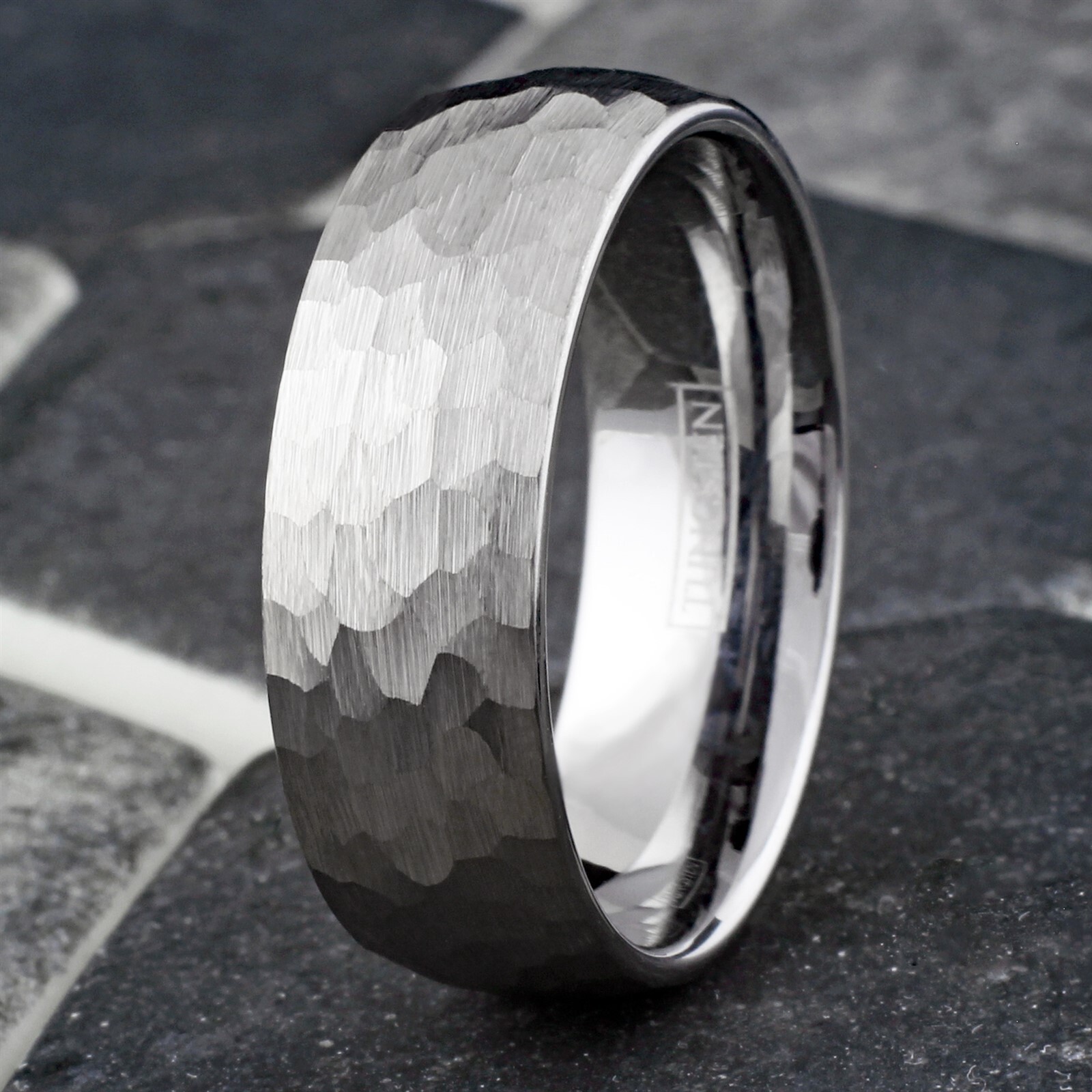 Silver Tungsten Carbide Hammered Brushed Finish Men’s Wedding Band Ring