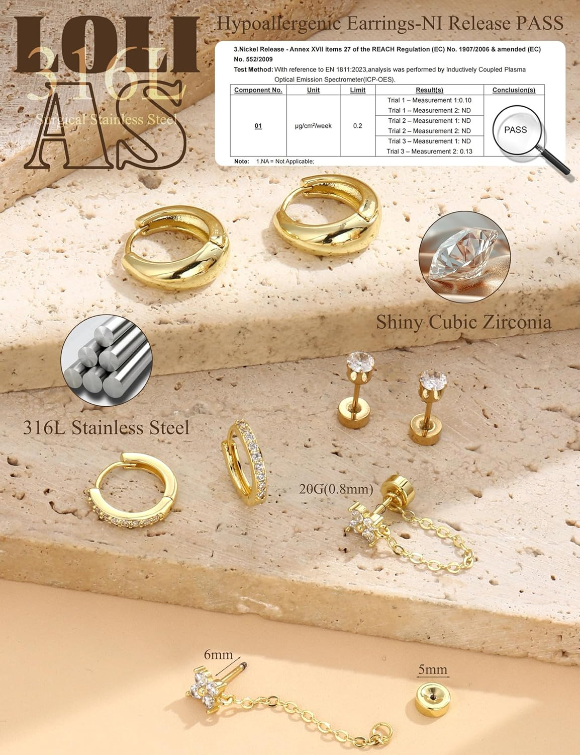 Flat Back Hypoallergenic Surgical Steel Earrings – 20G Gold Plated Stud Set