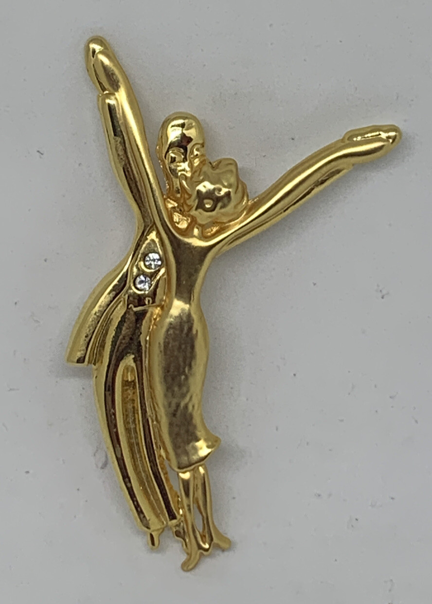 Vintage Gold Tone Male Female Dancer Pin Brooch 2-3/4″ Tall Rhinestones