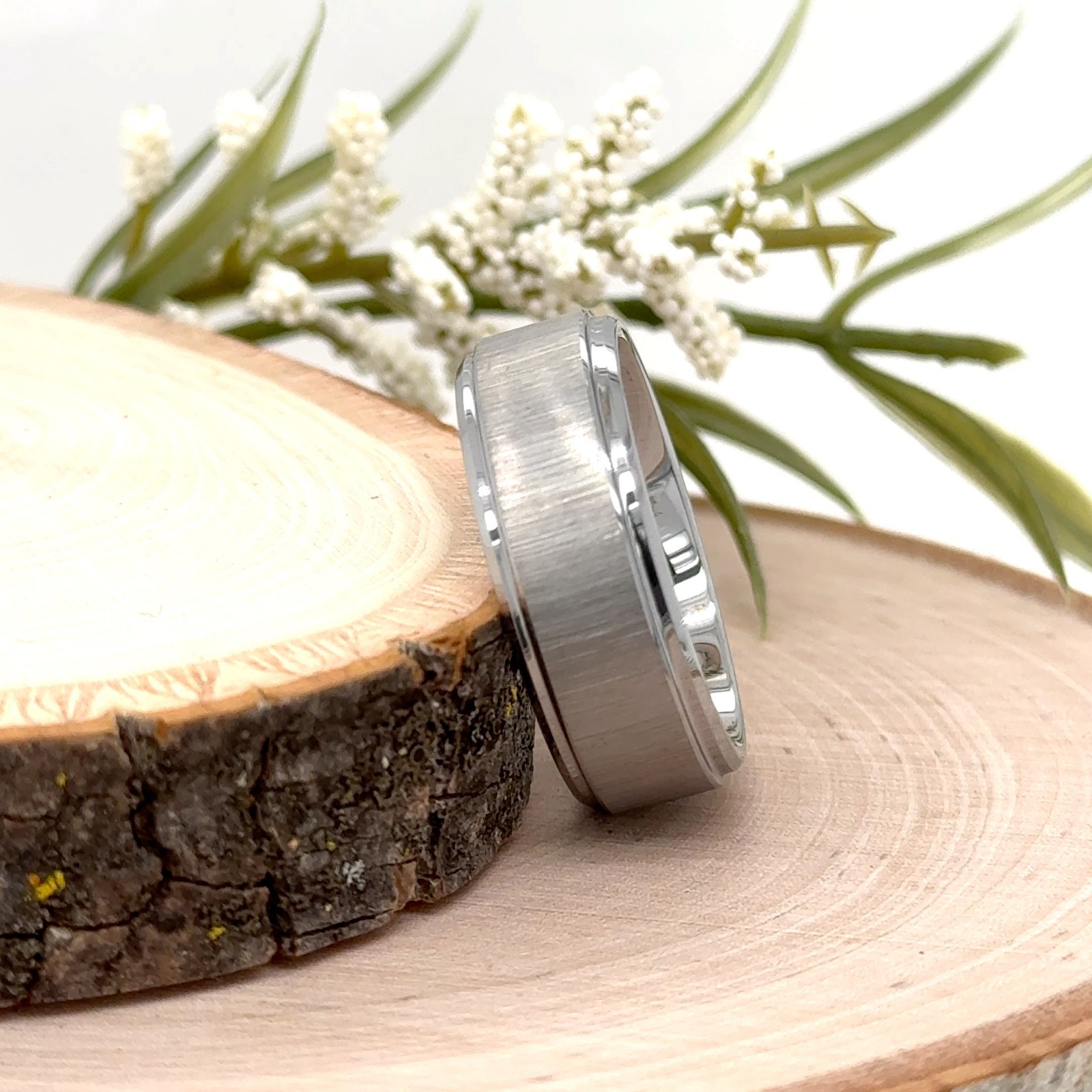8mm Satin Brushed Tungsten Carbide Ring Polished Edges Unisex Free Engraved Band