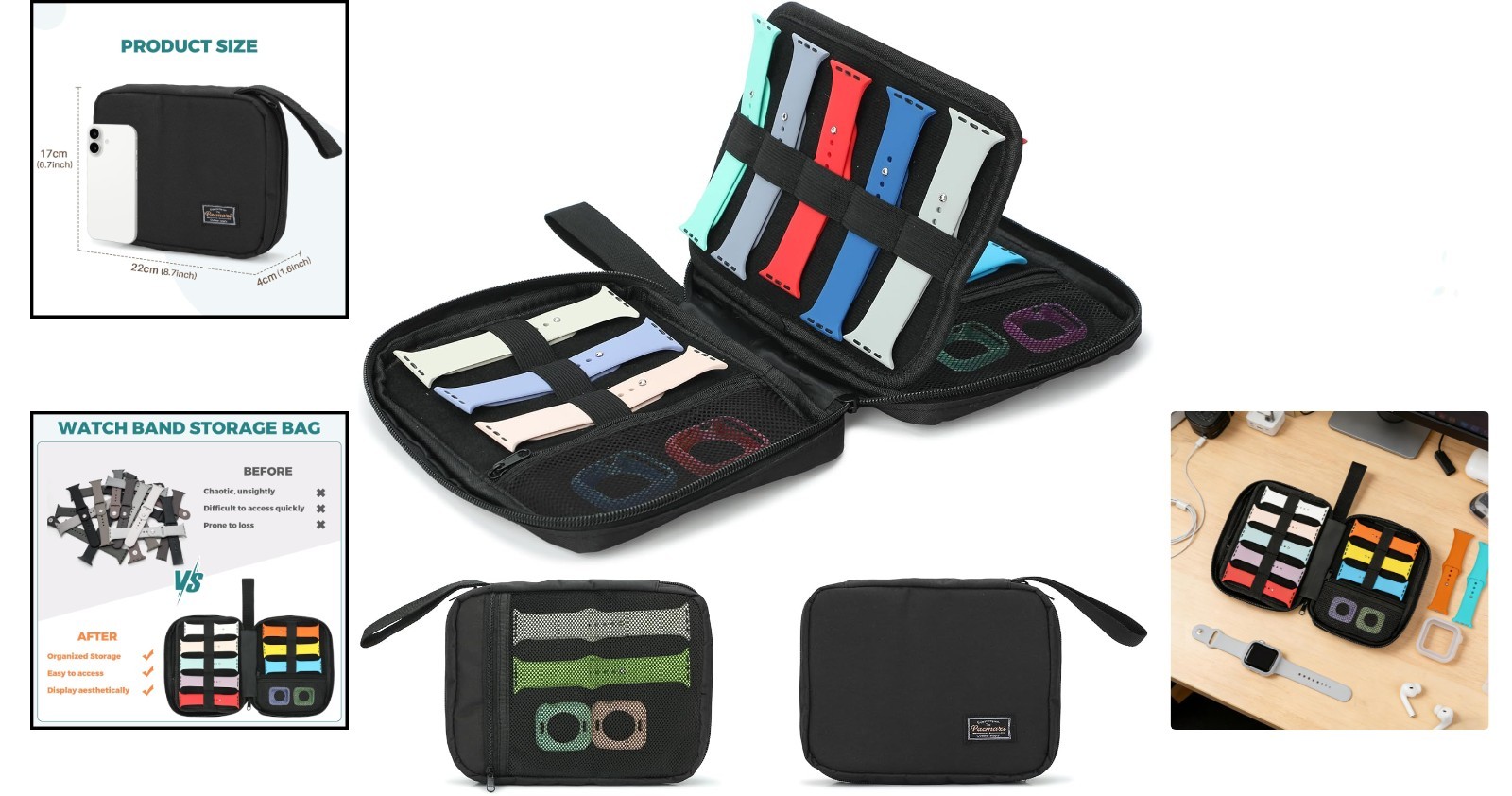 Durable Black Polyester Watch Band Case – Store 16 Straps at Home or On-the-Go