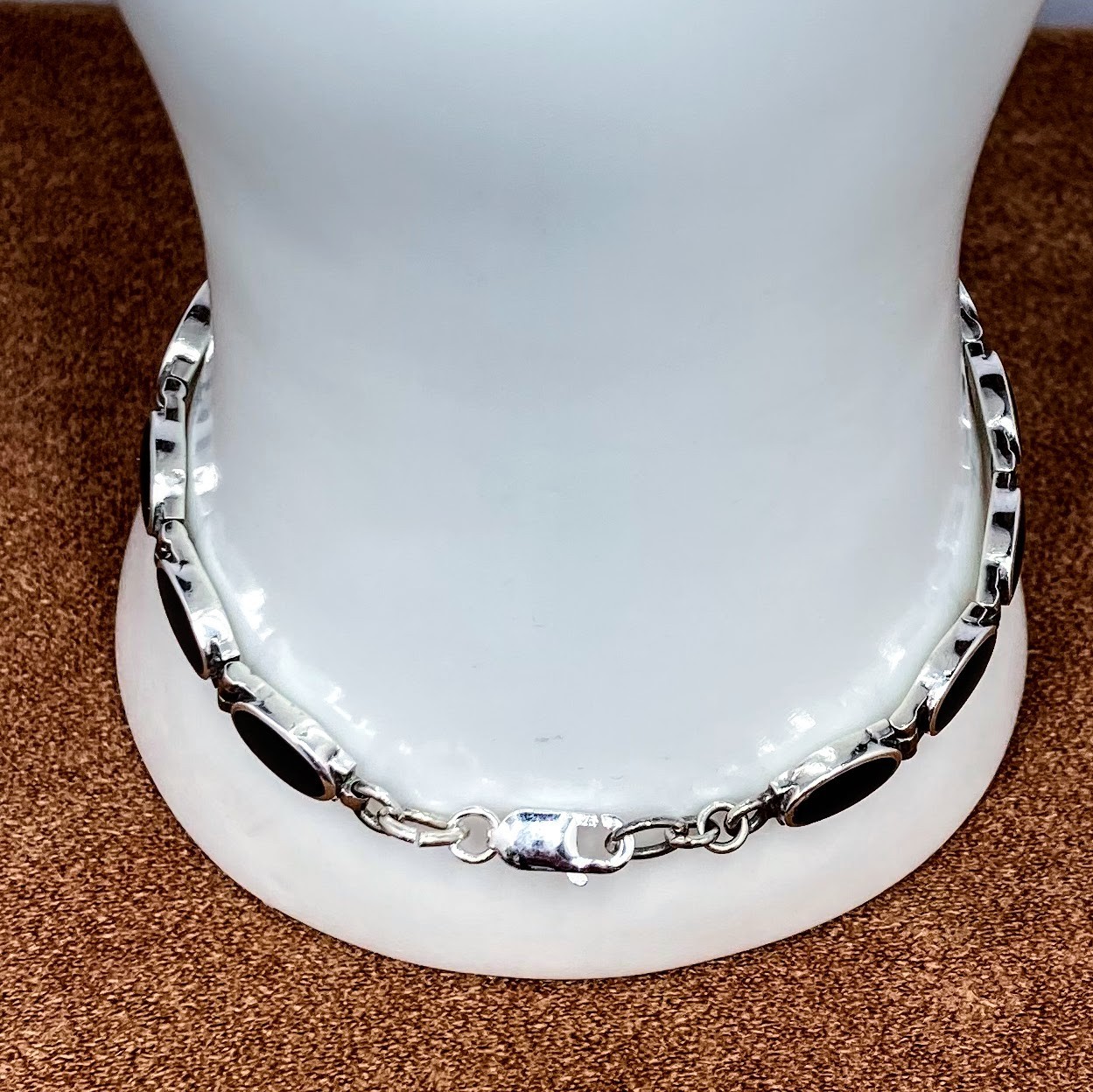 Lovely Vintage Hallmarked 925 Silver Onyx Inlay Link Bracelet 7.5″x5mm Wt.11.2g