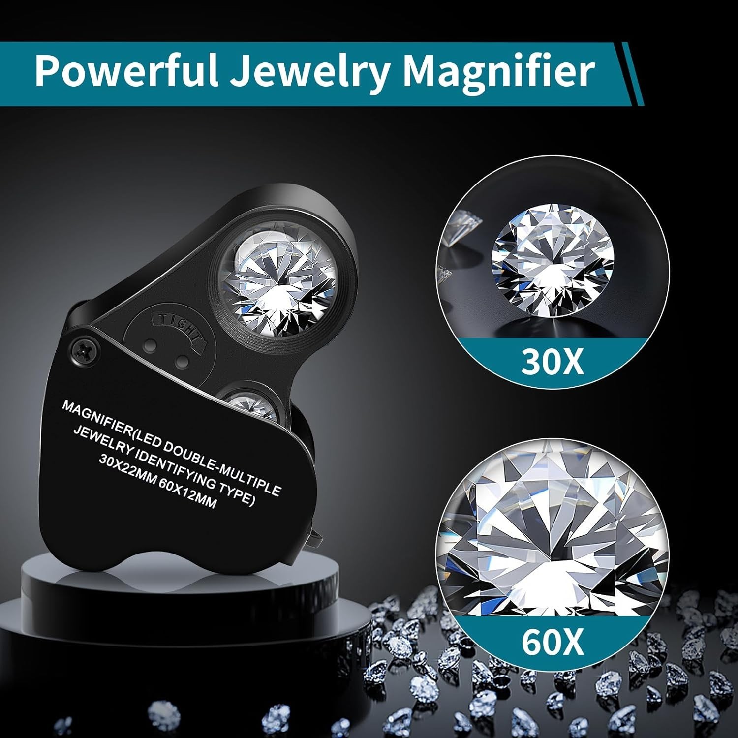 JARLINK 30X 60X Illuminated Jewelers Loupe Magnifier, Foldable 1-pack, Black