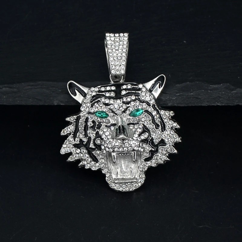 Iced Out Tiger Head Pendant Chain Silver Cuban Link Hip Hop Necklace BlingJewelr