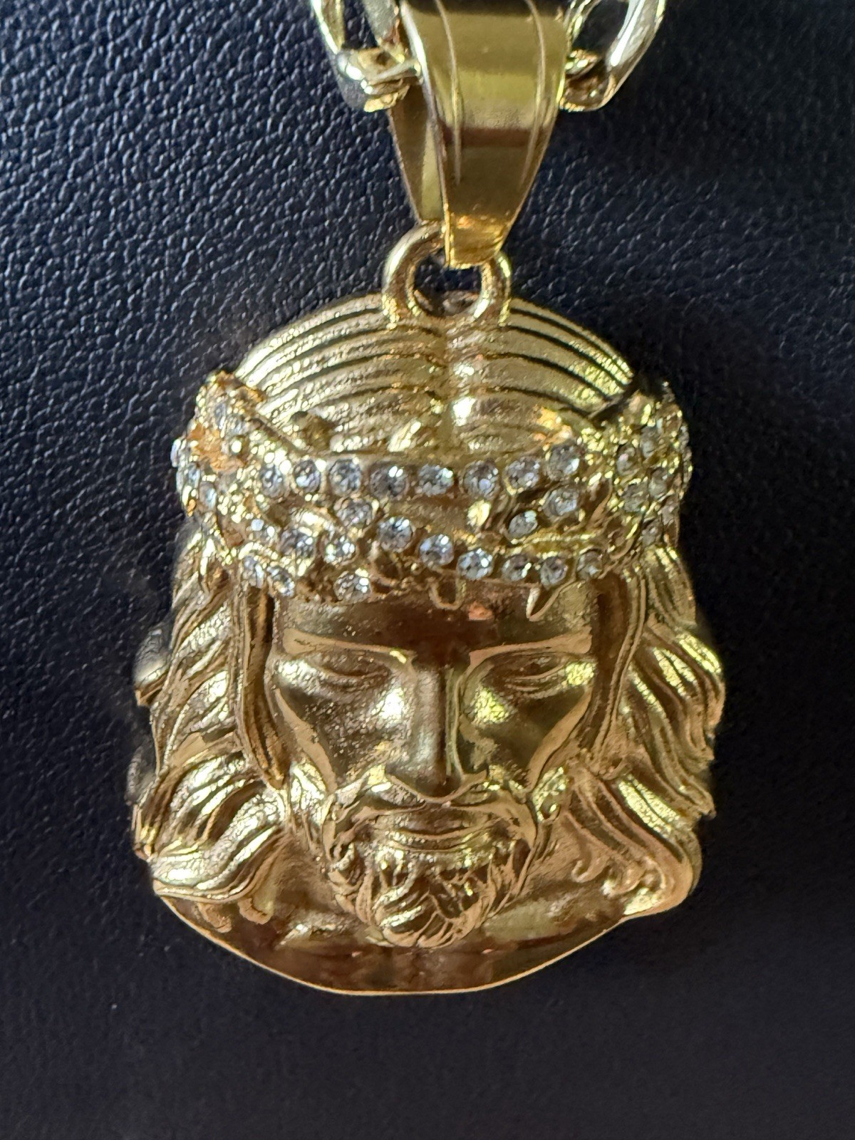 Gold Figaro Chain none tarnish Jesus Head Pendant White CZ Lobster