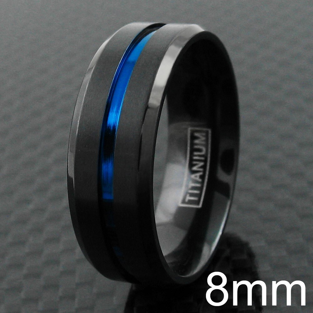 6/8mm Black Titanium Men’s Thin Blue Line Brushed Wedding Band Ring