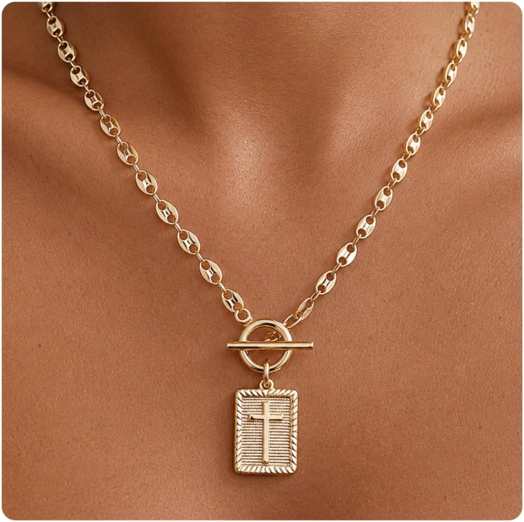 Gold Cross Necklace for Women Trendy Chunky Toggle Necklace 14K Gold Plated Cros