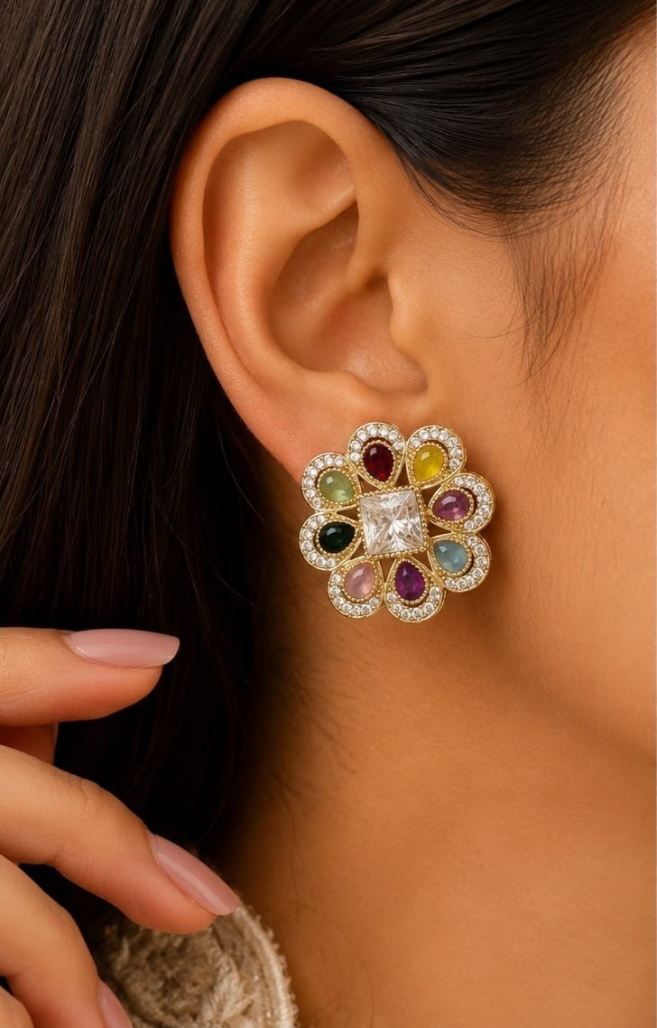 Classy Gold Plated Multicolor Floral Stud Crystal Earrings Gift For Her