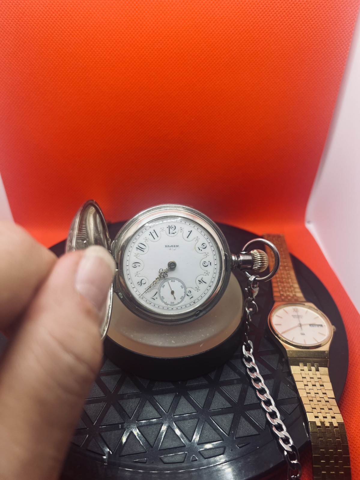 ANTIQUE ELGIN Sterling SILVER HUNTER POCKET WATCH + Stainless Steel Chain