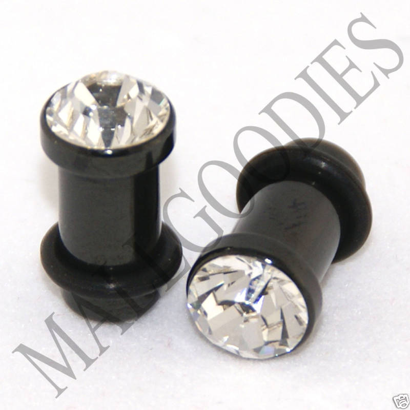 0318 Black Solid Clear Faceted Crystal Gem Retainer Ear Plugs 2 Gauge 2G 6mm