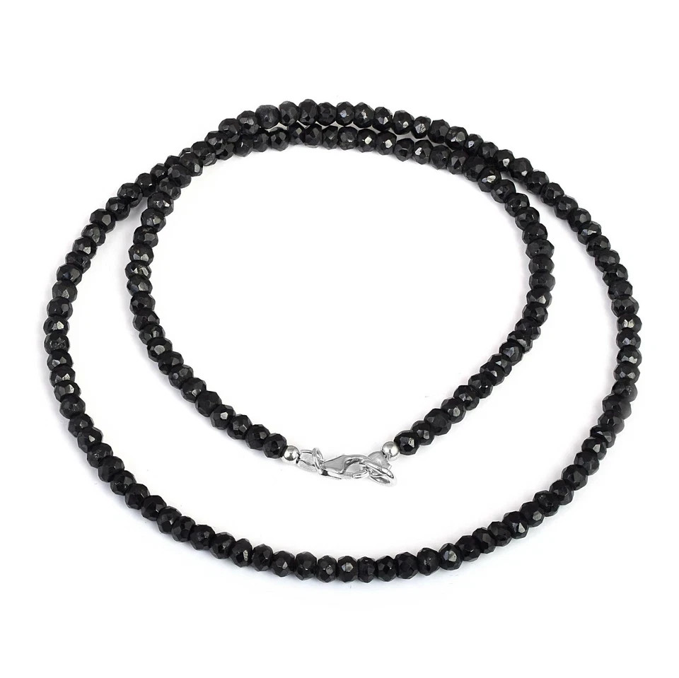 Natural Black Spinel 4mm Beads 925 Sterling Silver 18″ Strand Handmade Necklace