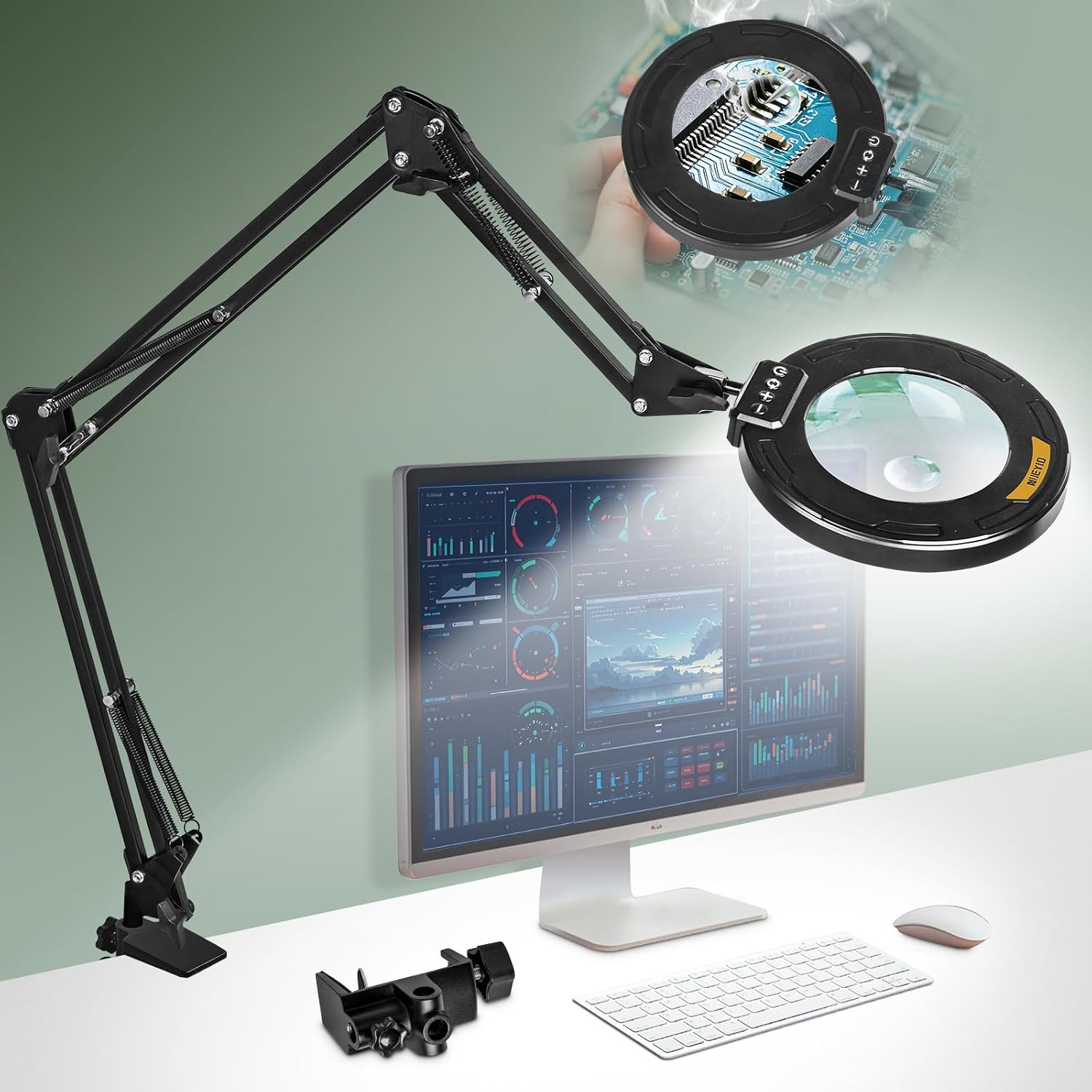 Ultra Long 3-Section Swing Arm 12X 30X Magnifying Glass with Light and Stand, 4-