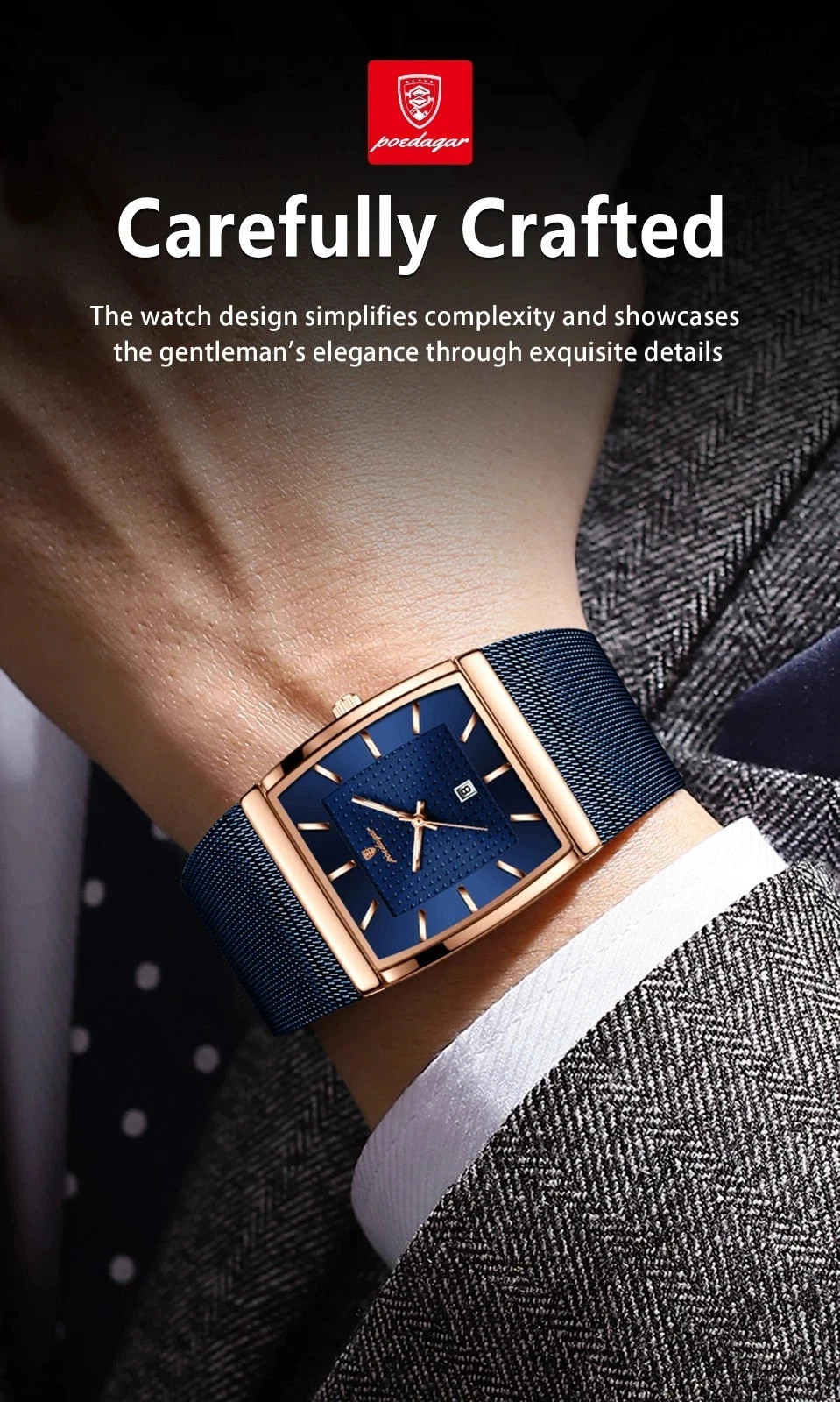 Luxury Men’s Watch Rectangle Steel Mesh Waterproof Luminous Date Quartz