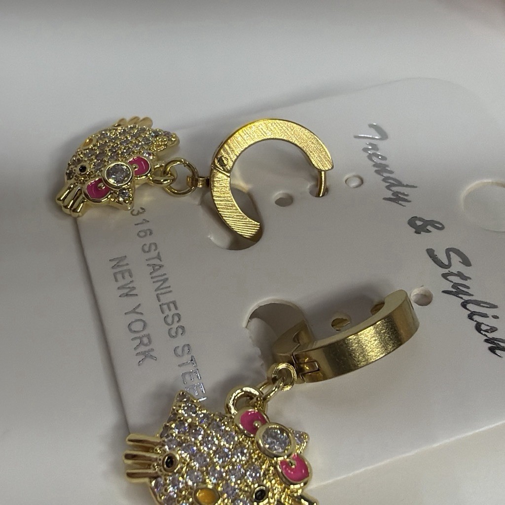 Gold Tone Hinged Hoop Dangle Cat Face Pink Bow Clear Crystal Earrings