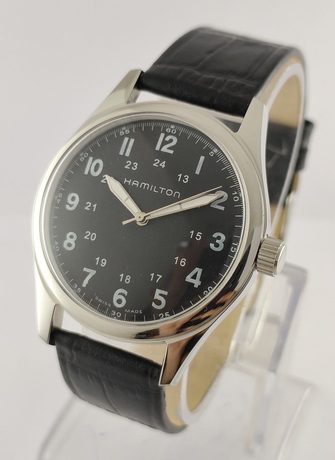 Vintage Refurbished Hamilton Hand-Winding Black Dial 17 J Men Watch Leather Band