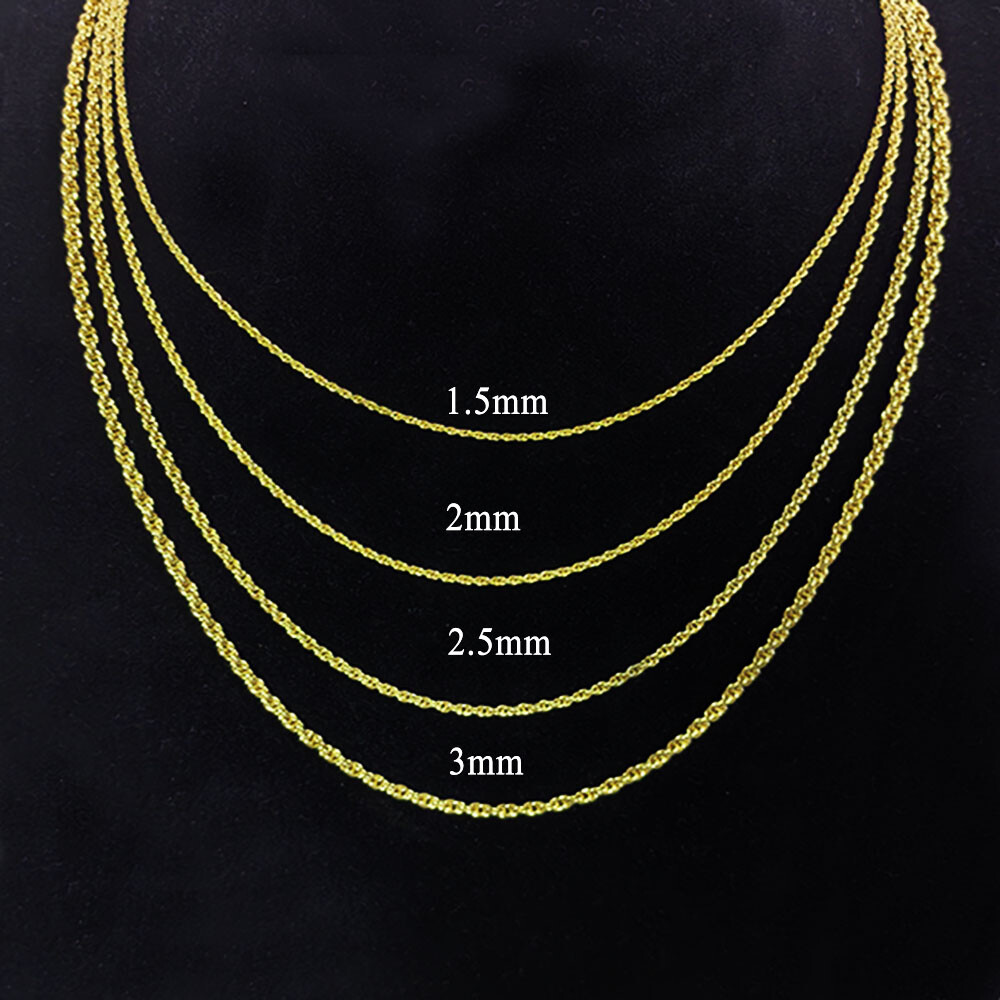 14K Real Solid Yellow Gold 1.5mm-3mm Rope Chain Necklace with Lobster Claw Clasp