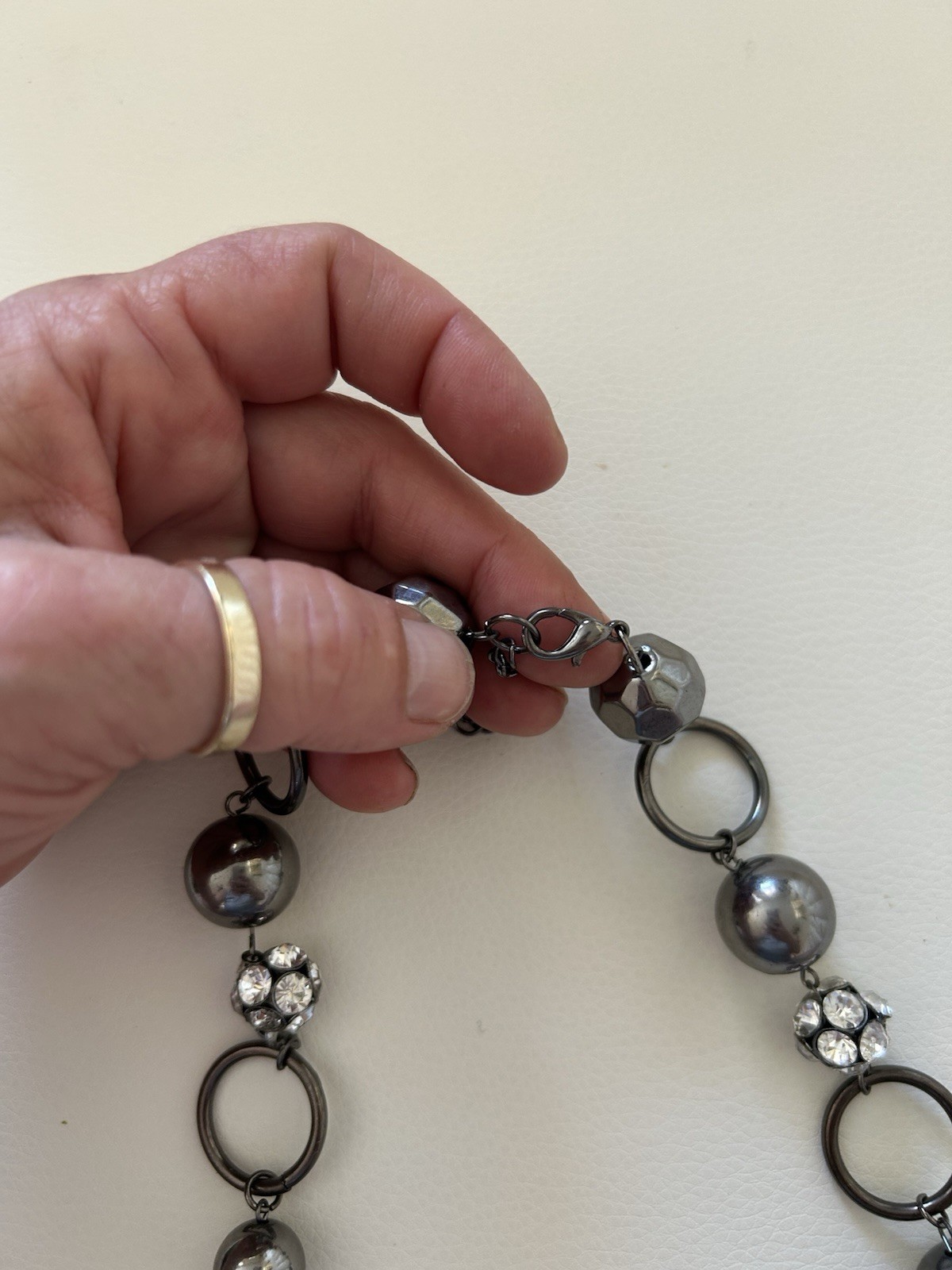 Gray Glass Beaded Link Chain Necklace Crystal Accents Lobster Clasp 20in