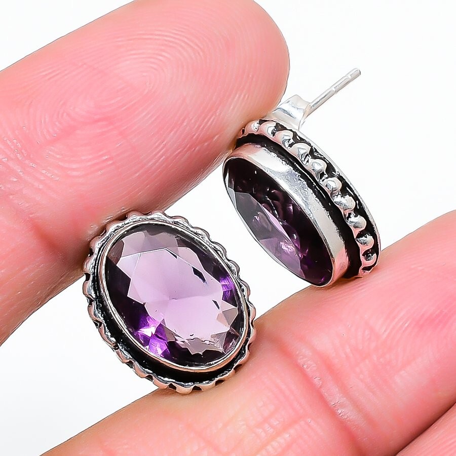 Purple Amethyst Gemstone 925 Sterling Silver Jewelry Stud Earring Size 0.75″