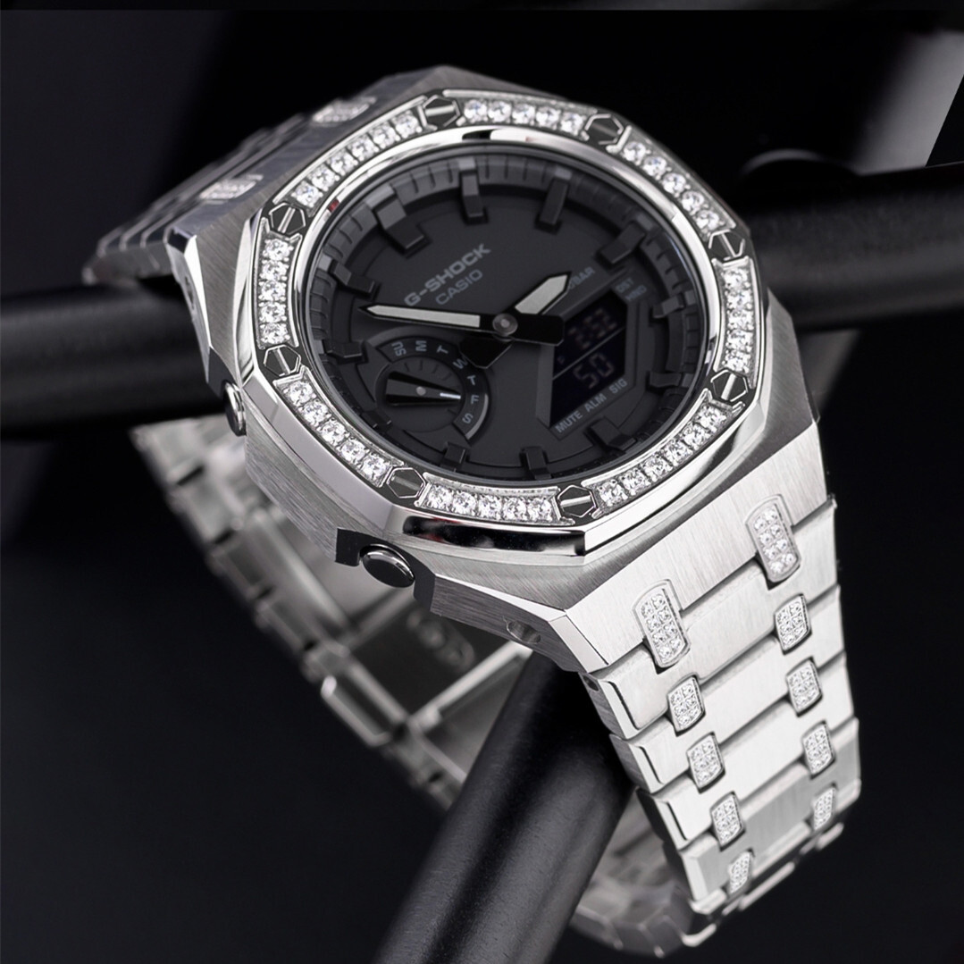 Bling Diamond Stainless Steel Bezel Mod Kit Case Band for G-SHOCK GA-2100 GA2110