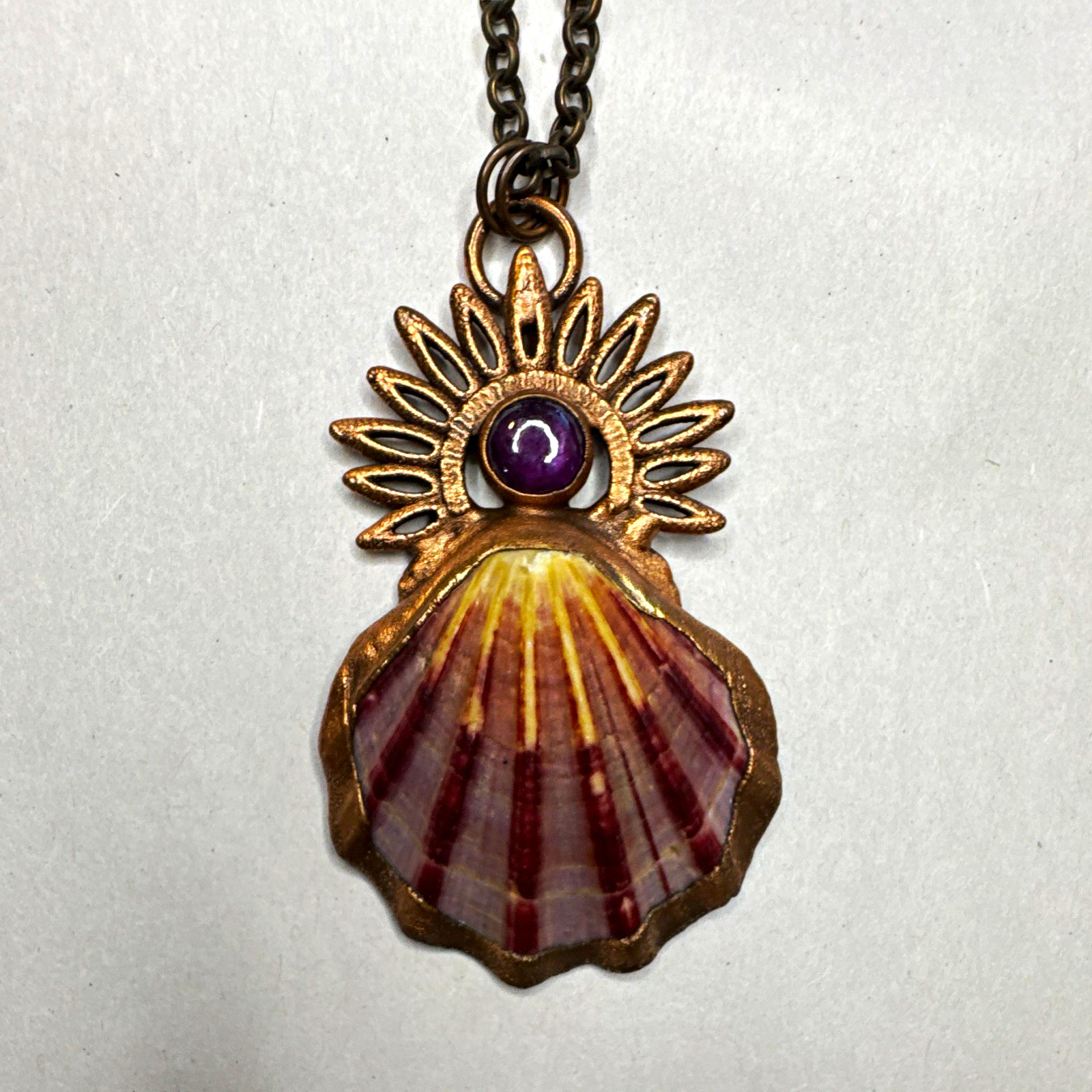 Scallop Shell Charm Pendant Necklace, burgundy Crystal Cabochon, Bronze Tone