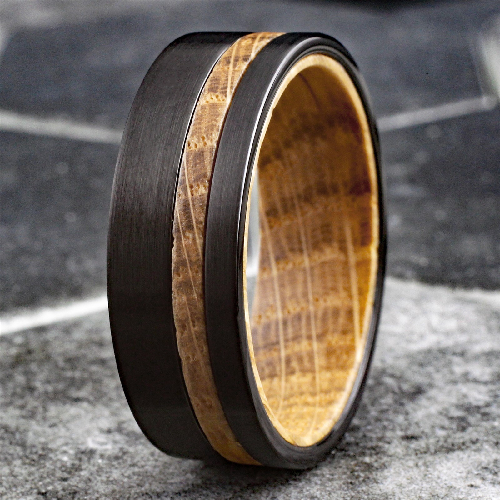 8mm Men’s Black Brushed Tungsten Carbide-Whiskey Barrel Wood Wedding Band Ring