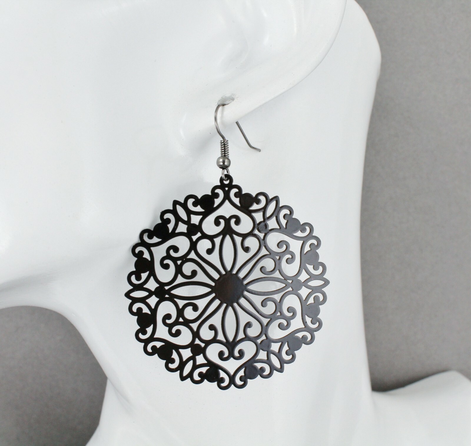 Black round earrings cut out lace filigree scroll circle 2.5″ long very Light
