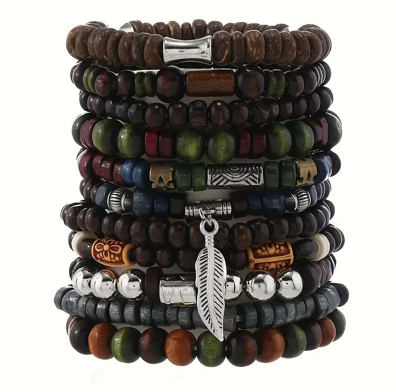 10pcs Vintage Boho Men’s Wooden Bracelets Leaf Style Wristwear Set – NEW