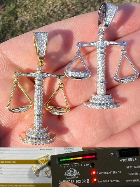MOISSANITE Real Silver Iced Libra Balanced Scale Pendent Passes Tester yellow pl