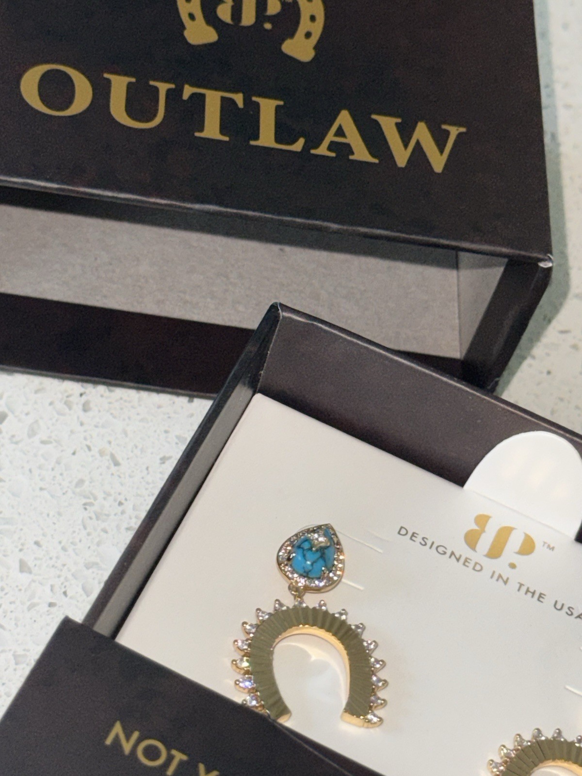 Outlaw Western Horseshoe Dangle Earrings Turquoise Teardrop Crystal Hook