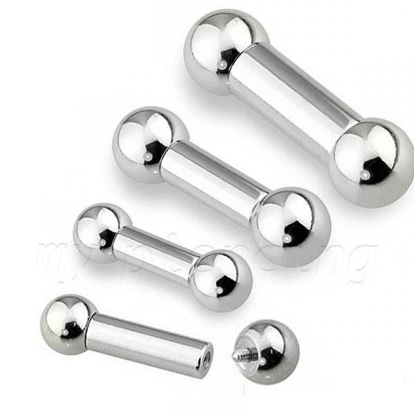2pcs. 16G-00G Surgical Steel Internally Threaded Tongue Ring Nipple Ring Barbell