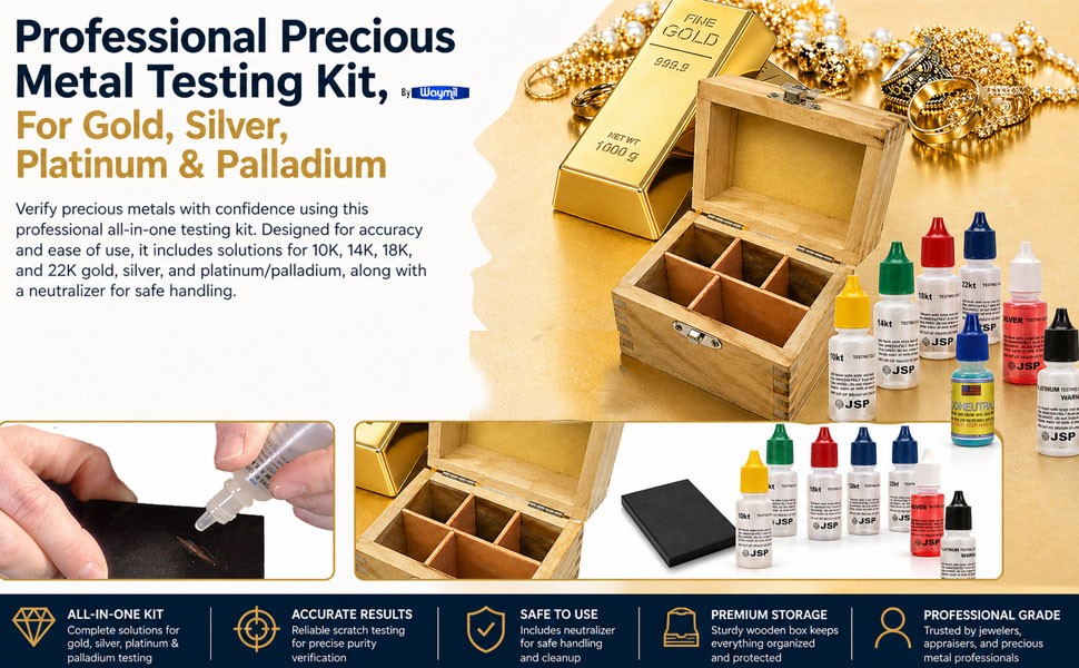 Gold Silver Platinum Testing Kit 6 Sol 10K 14K 18K 22K 24K Stone Box