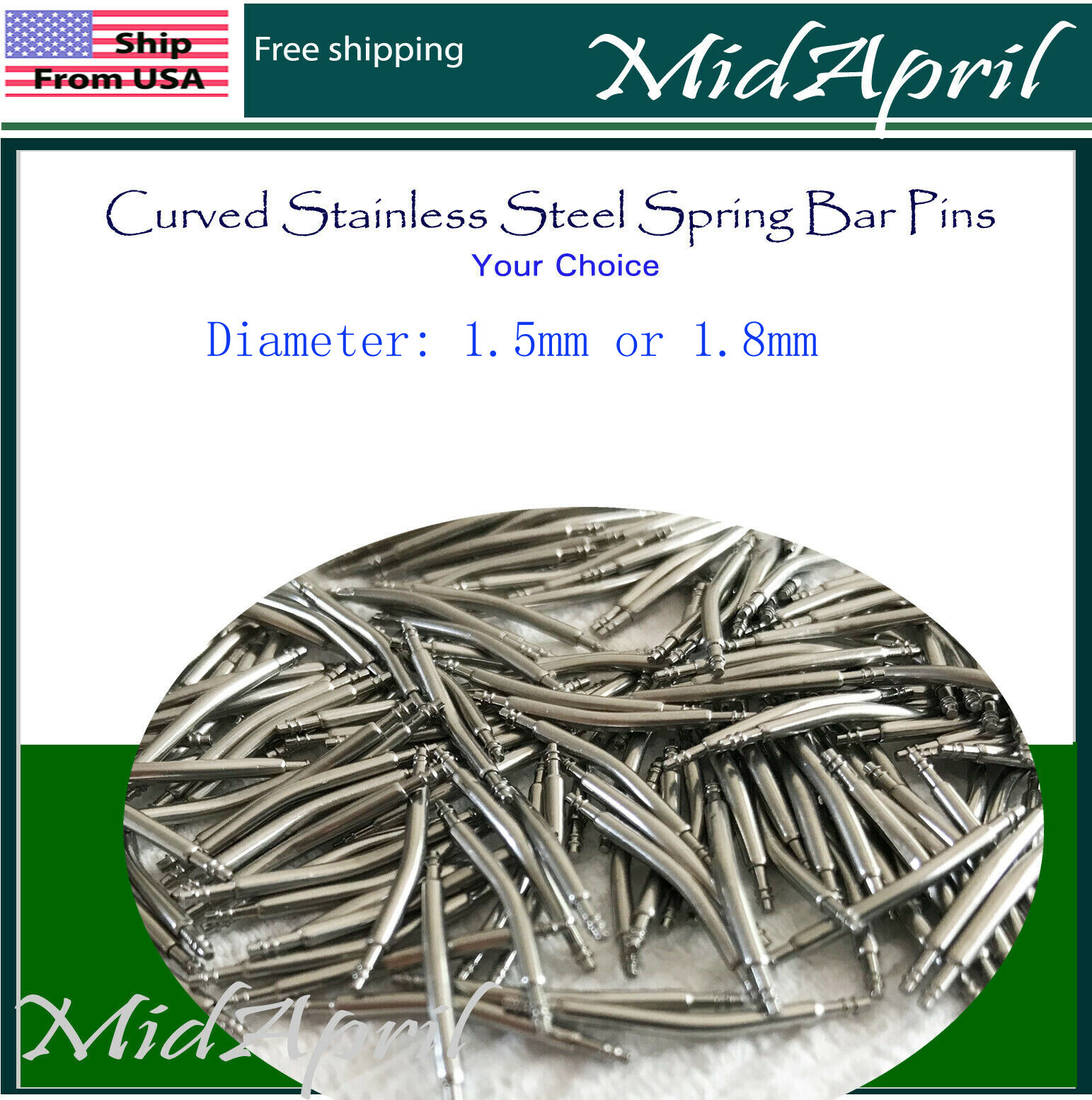 4 pc Curved Watch Spring Bar Watchband -Stainless Steel -Diameter 1.5mm or 1.8mm