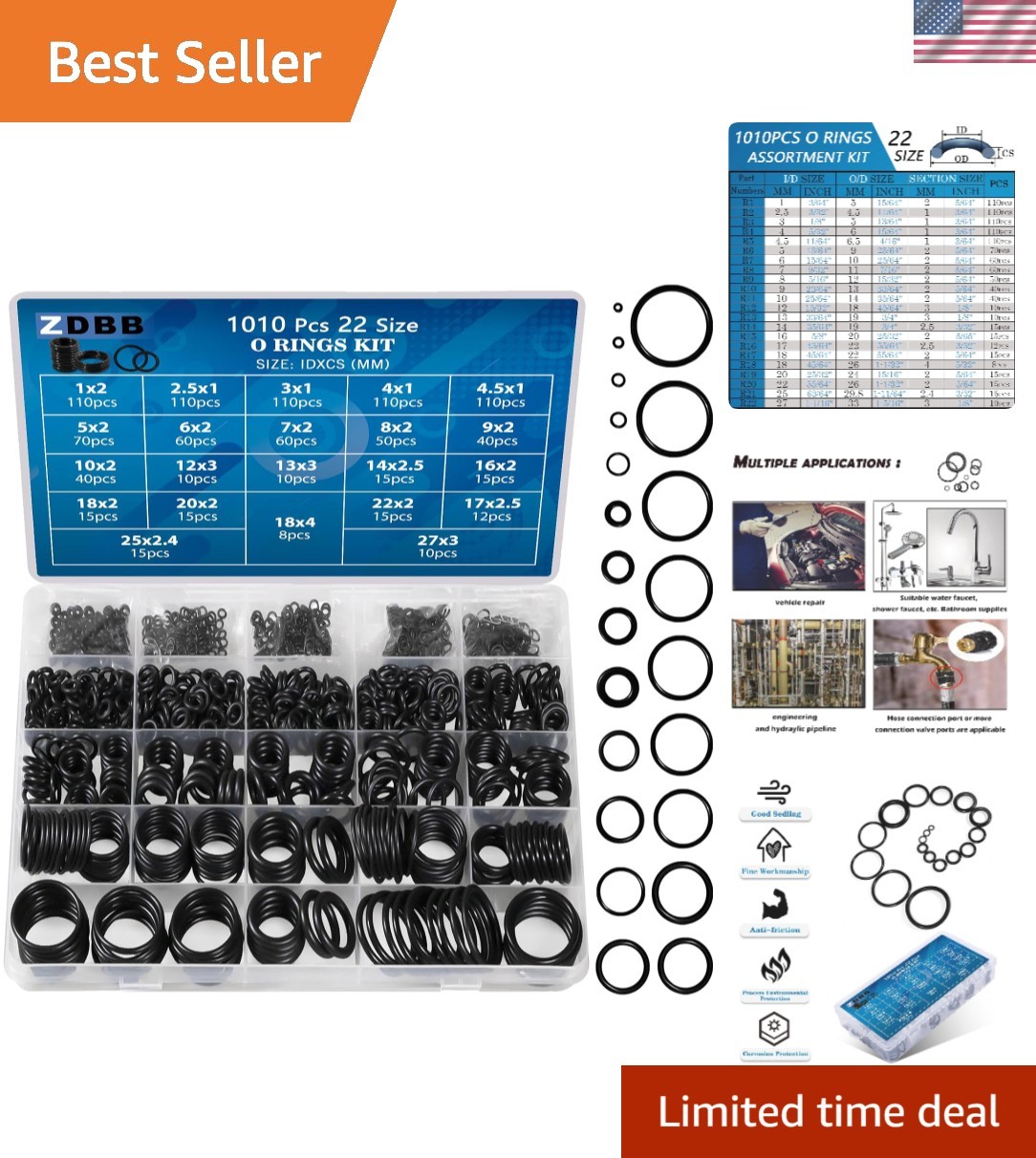 Universal 1010-Pc O-Ring Set in Nitrile Rubber – 22 Sizes for All Applications