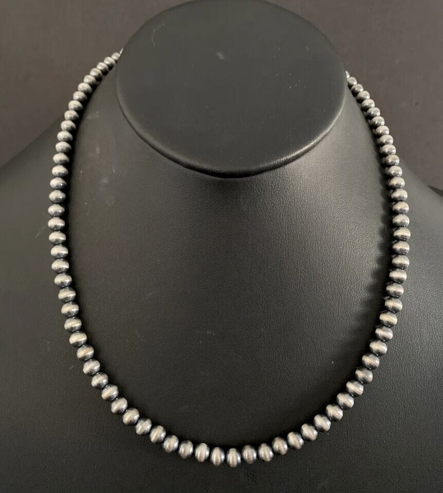 6mm 14 Inch 925 Sterling Silver Oxidized Pearls Bead Necklace Southwestern