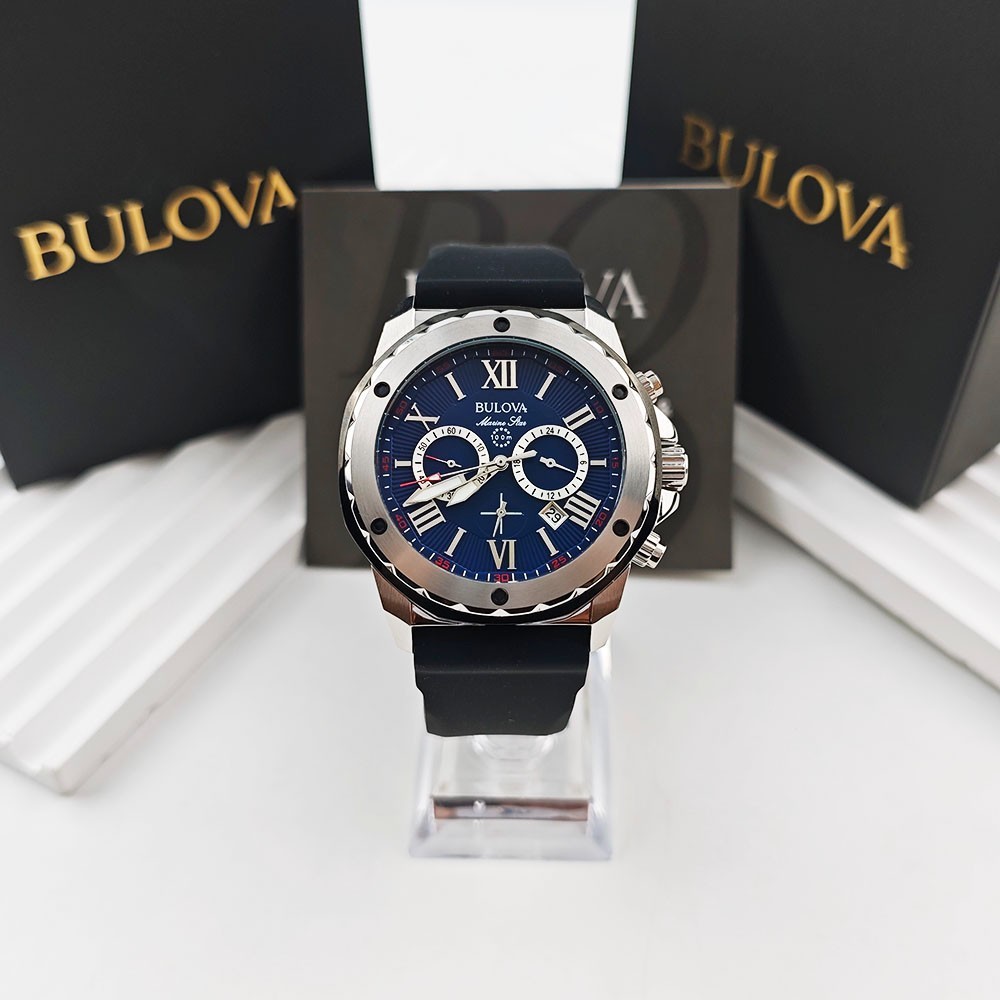 Bulova Marine Star 98B258 Blue Dial Black Rubber Strap Quartz Men’s 44mm Watch