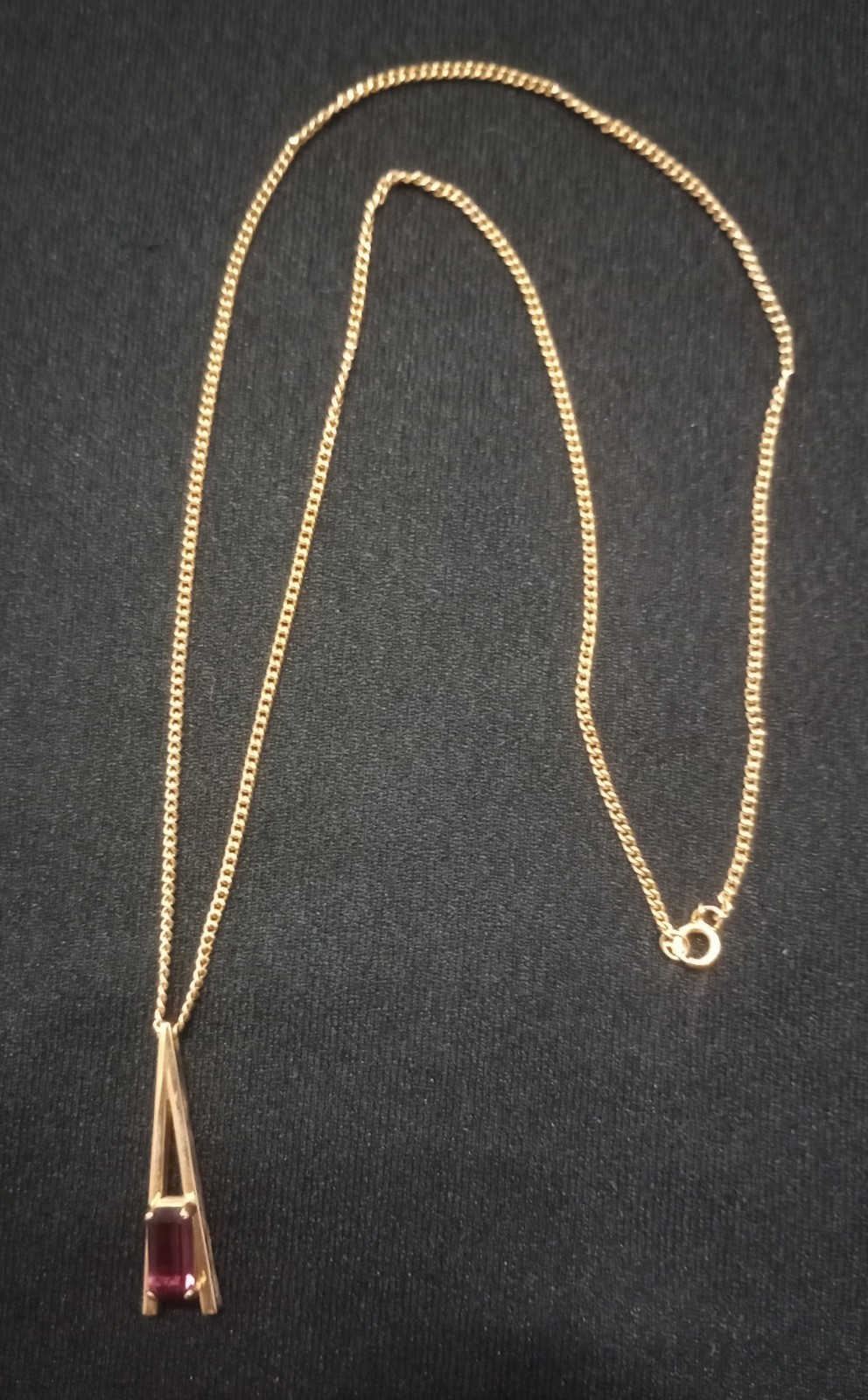Gold Tone Box Chain Necklace, Purple Baguette Bar Pendant, Spring Ring