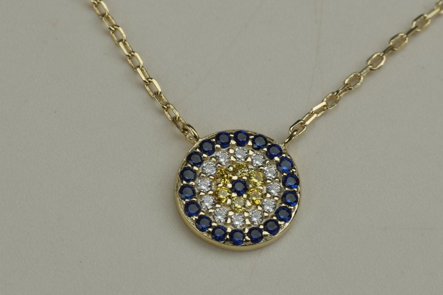 Sterling Silver Evil Eye Pendant Necklace Gold Tone Blue White CZ 18 Inch