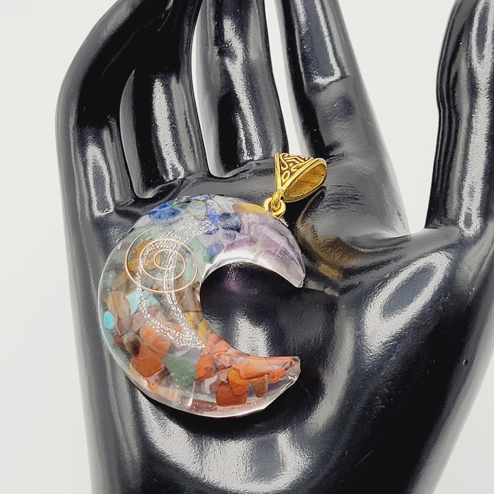 Crescent Moon Shape Orgone Chakra Crystal Chip Pendant Ornate Bail No Chain
