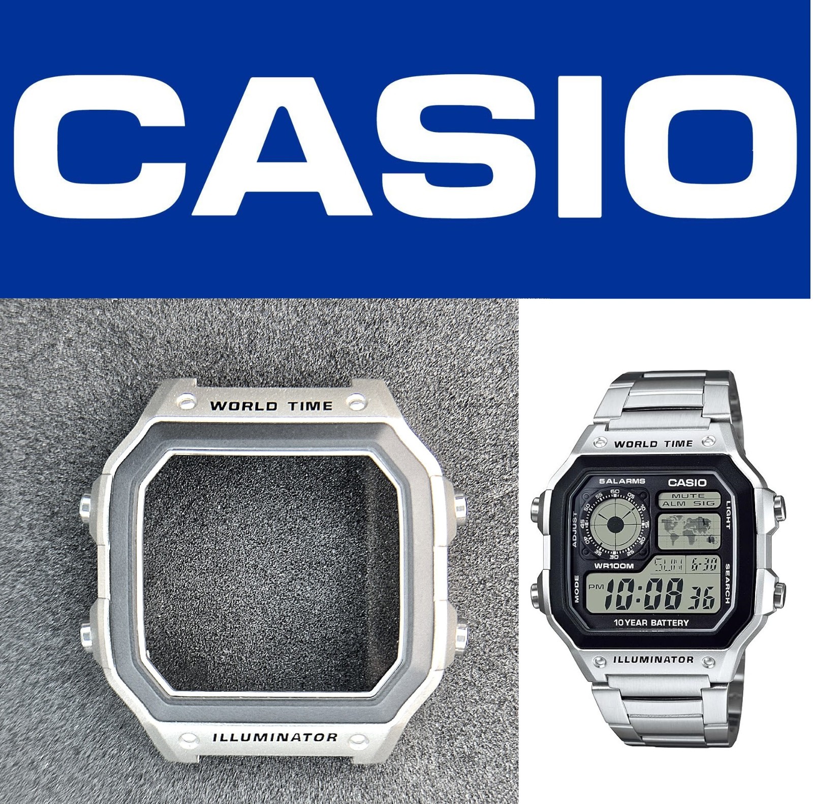 Genuine Casio Watch Case, for AE-1200 / AE-1300 / WS-1600H (Casio Royale) Silver