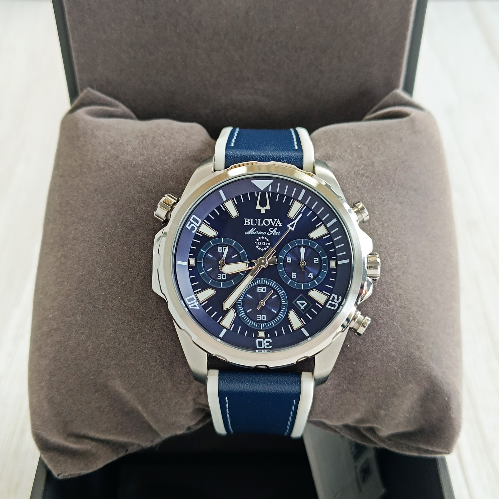 Bulova Marine Star Blue Dial Silicone Leather Men Chronograph 96B287 Watch 43mm