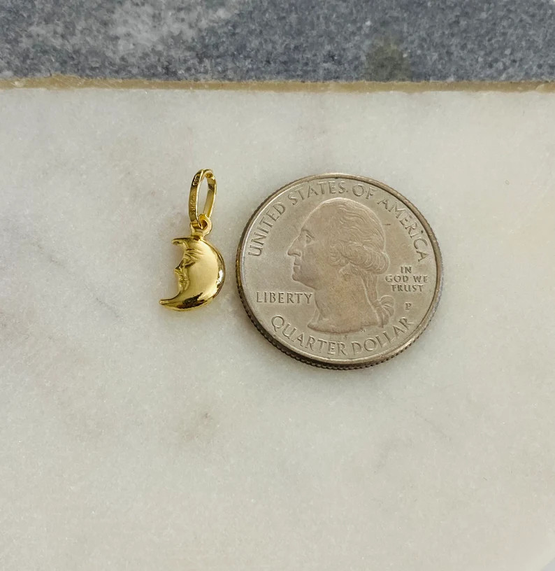 Real 14K Gold Moon Pendant 0.67″ 3D Celestial Half Moon Face Petite Charm-PT474